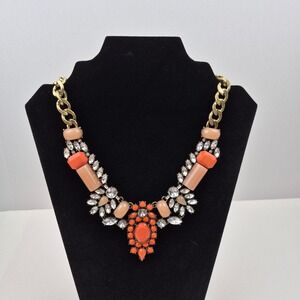 Statement Bib Necklace Coral Peach Beaded Gold Tone Chunky Retro Glam Party 18"‎